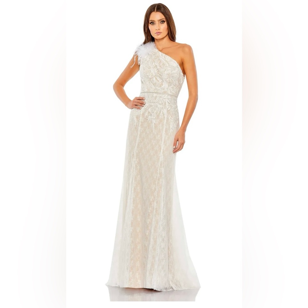 Lace Embellished Feathered One Shoulder Gown size 10 Color Ivory